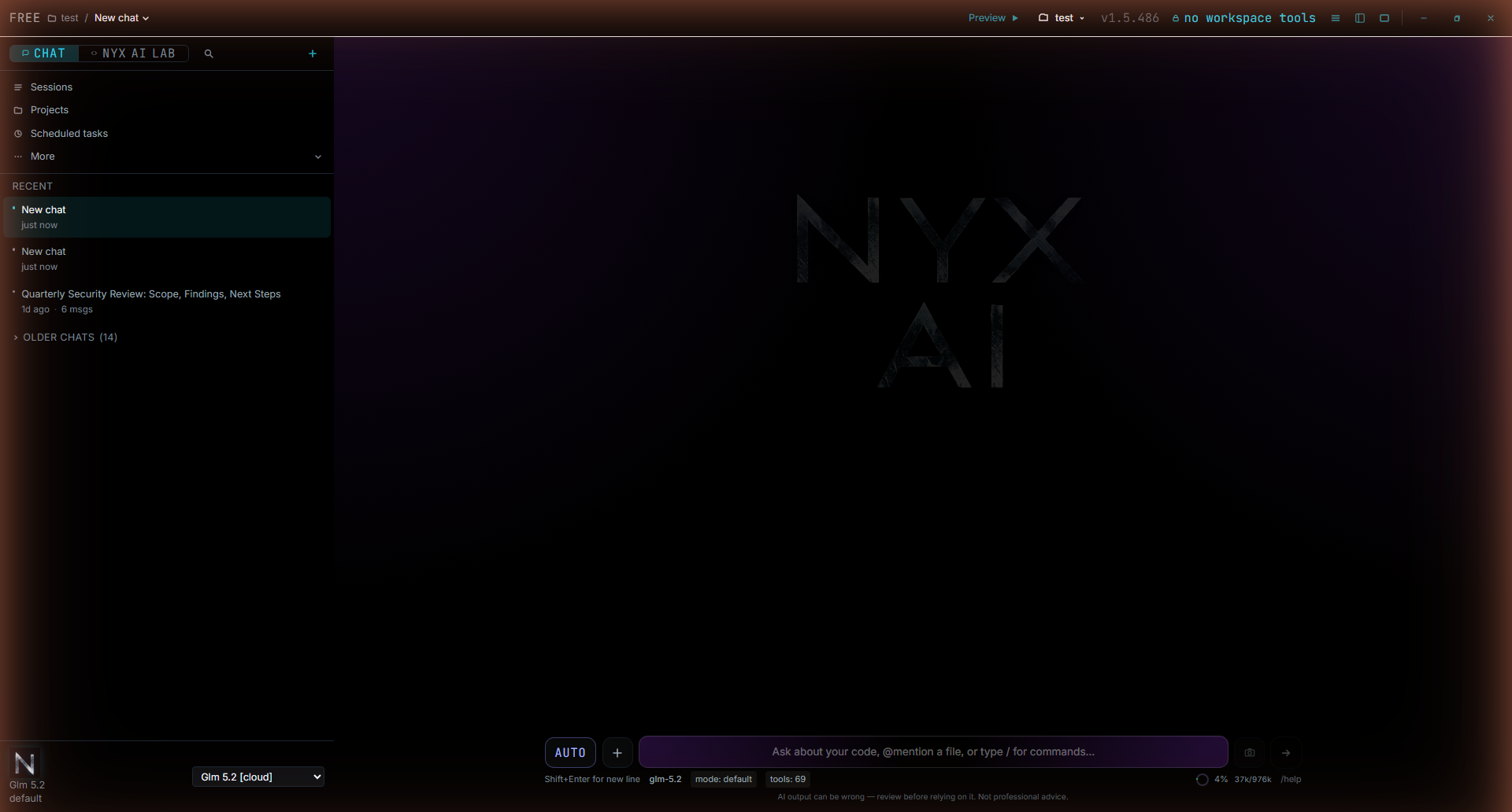 Nyx AI open on an empty chat, showing the sidebar, model picker and composer.