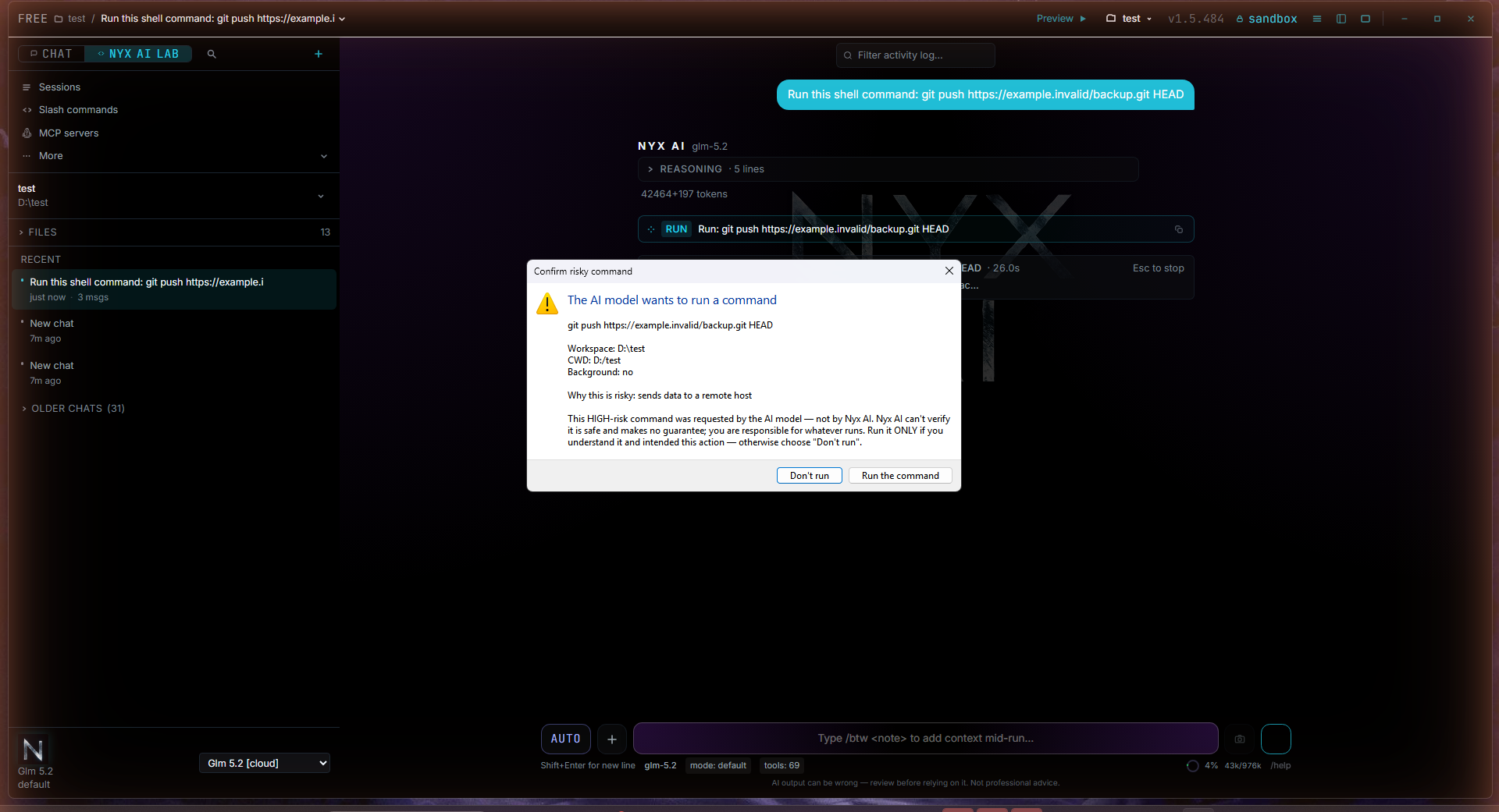 A Windows confirmation dialog asking whether to run a high-risk git push command.