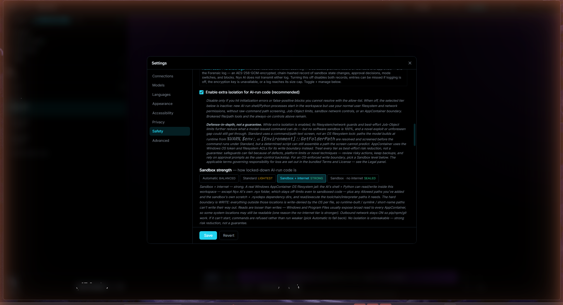 The Safety settings tab showing four sandbox strength levels and the defence-in-depth note.