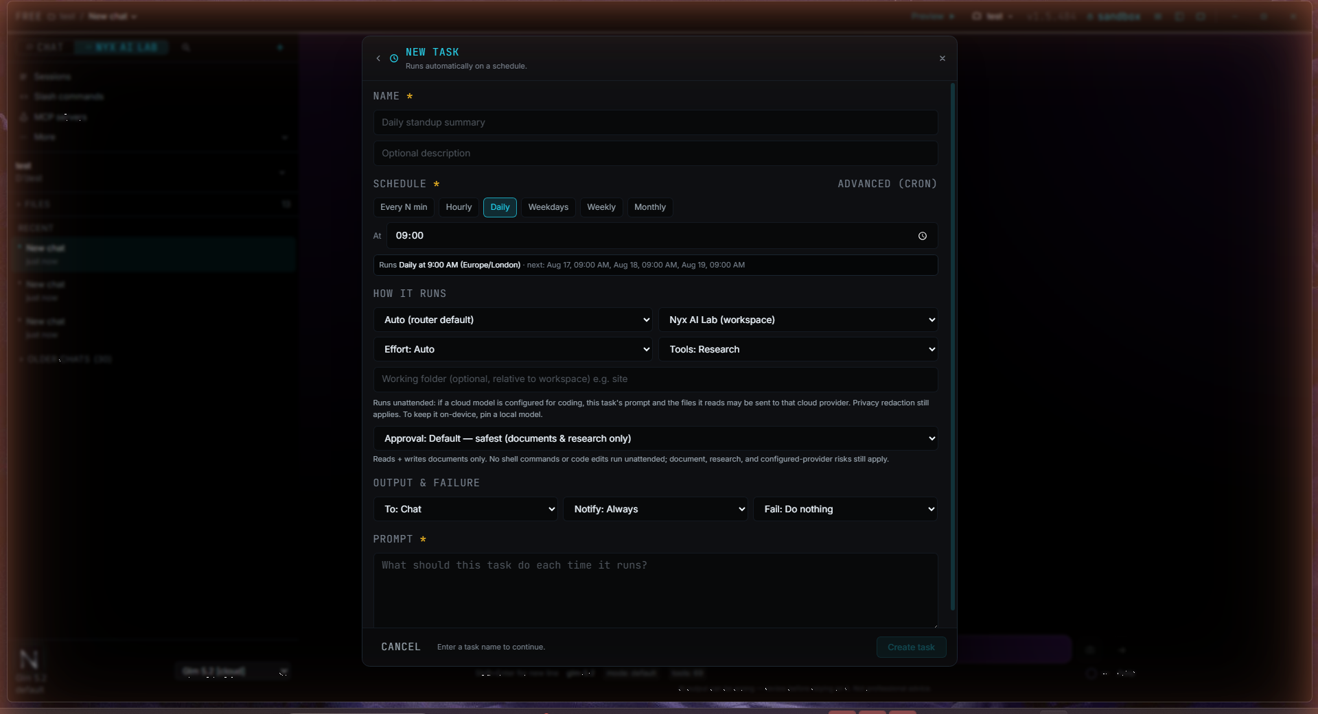 The new scheduled task dialog with schedule presets, model and approval controls.