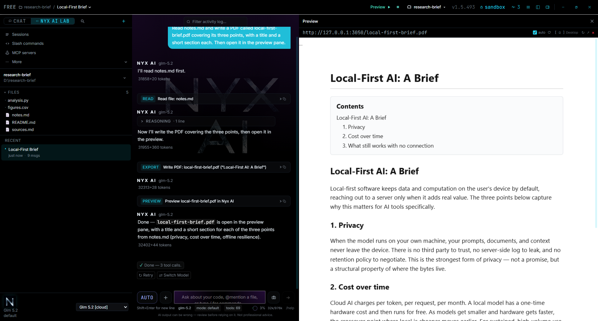 Nyx AI Lab reading a project note, writing a PDF from it, and rendering the finished file in the preview pane.